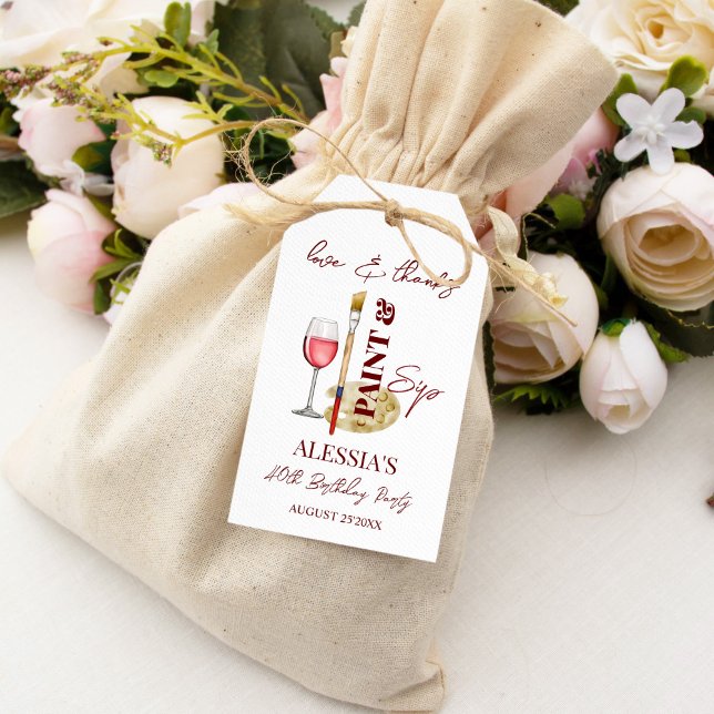Måla och sippa vin och teckna temat party favors presentetikett (Paint and sip wine and art themed birthday party thank you favor gift tags)