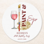 Måla och sippa vin och teckna temat party favors underlägg papper rund<br><div class="desc">Måla och sippa vin och teckna party favors personlig tryckt mall för pappra underlägg,  glas för vin och vattenfärgspalett i monogram underlägg för konsmålning i party</div>