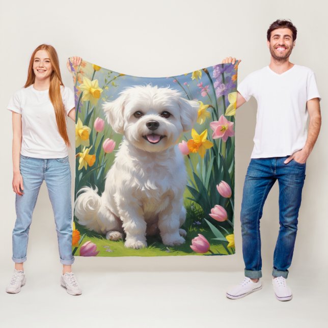 Måla på Bichon Frise Hund Vår blommor Fleecefilt (På plats)