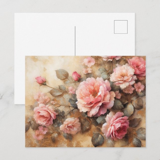 Måla på Vintagen  Rosa ros Vykort (Fram/baksida)