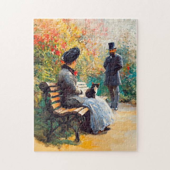 Måla par i Garden med katt på lucka Pussel (Vertikal)