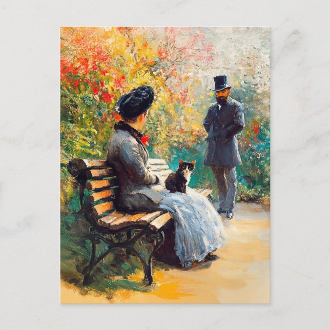 Måla par i Garden med katt på lucka Vykort (Framsida)