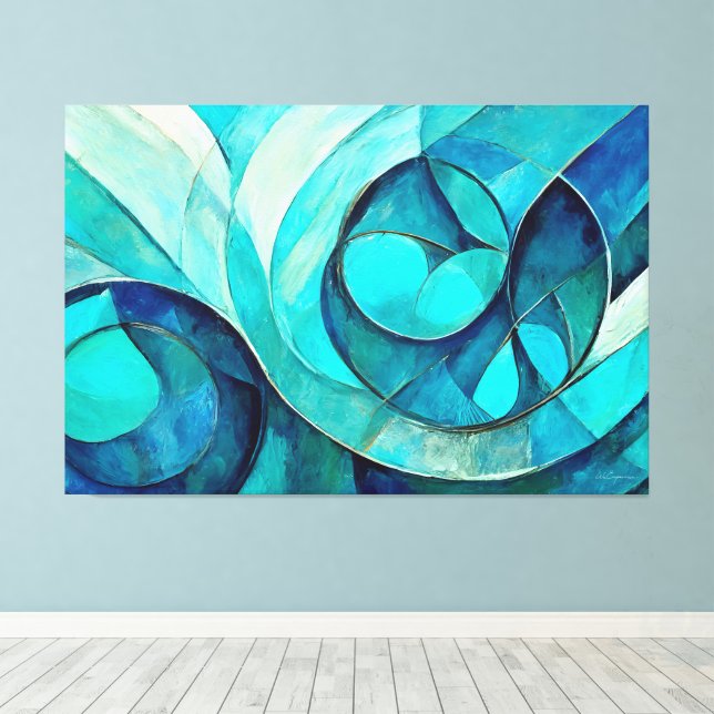 Målad abstrakt konst i blå nyanser canvastryck (Insitu (trägolv))