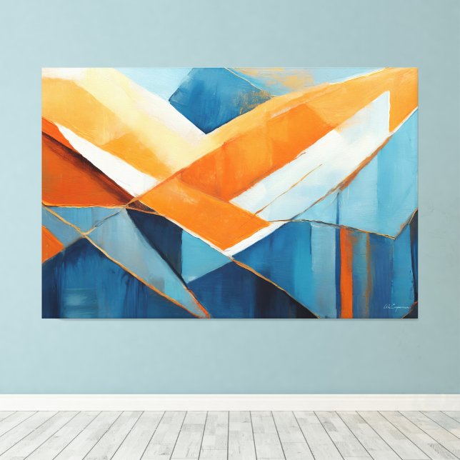 Målad abstrakt konst i blå orange canvastryck (Insitu (trägolv))