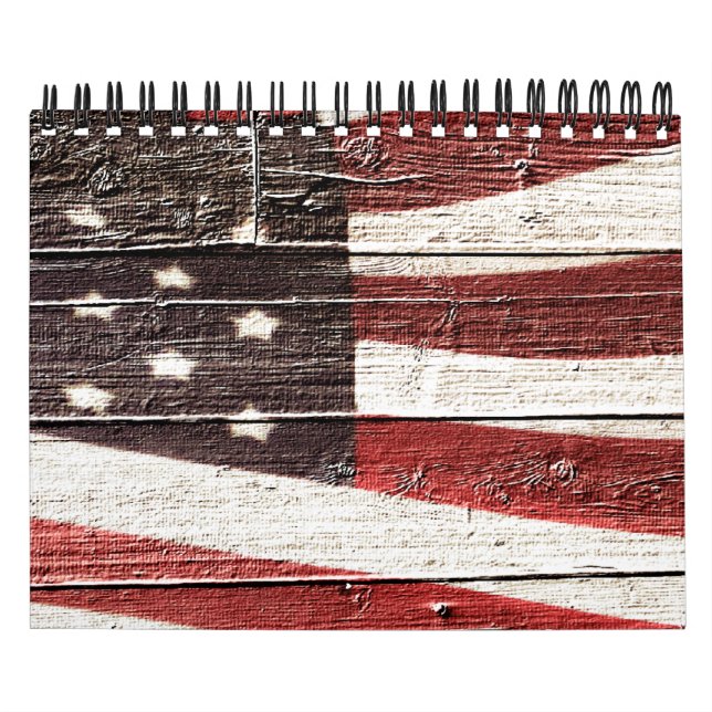 Målad amerikansk Flagga på Rustic Wood Struktur Kalender (Omslag)