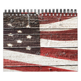 Målad amerikansk Flagga på Rustic Wood Struktur Kalender