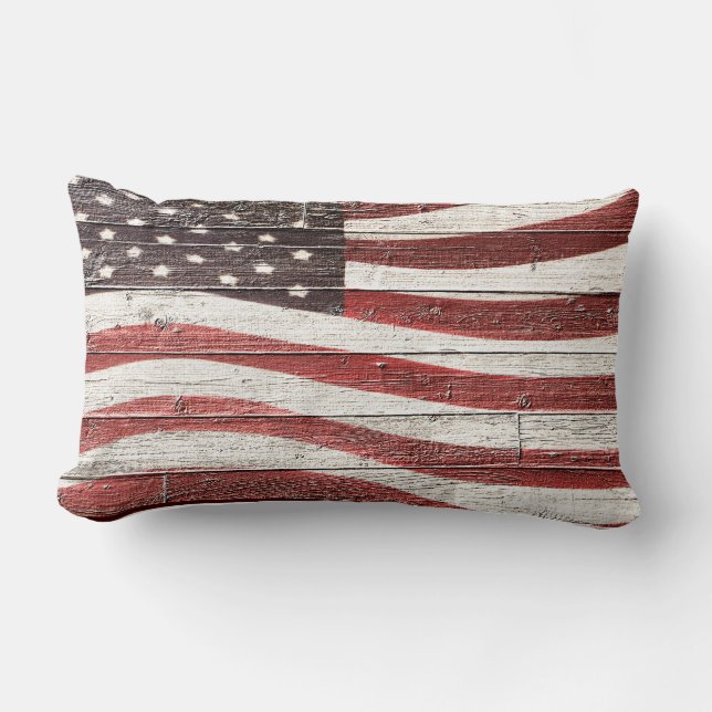 Målad amerikansk Flagga på Wood-look Lumbarkudde (Framsida)