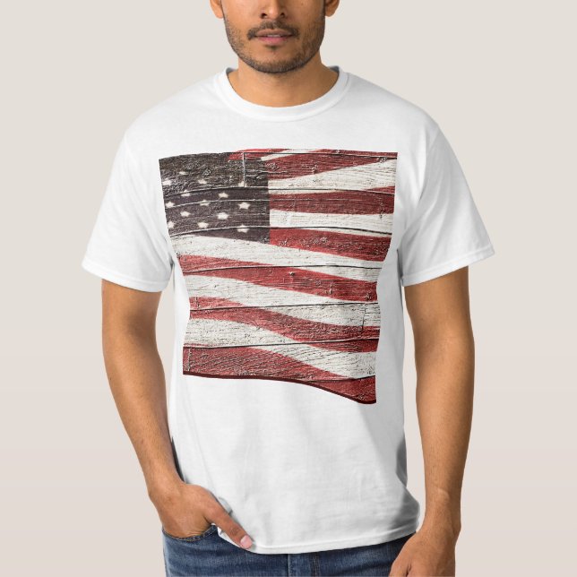 Målad amerikansk Flagga på Wood Struktur T-shirt (Framsida)
