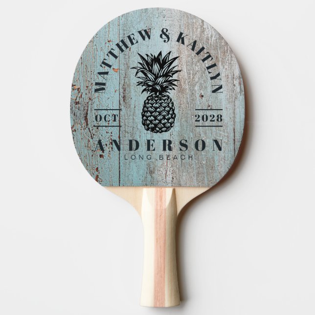 Målad blå trä tropisk ananas brölloppsvapen pingisracket (Baksidan)