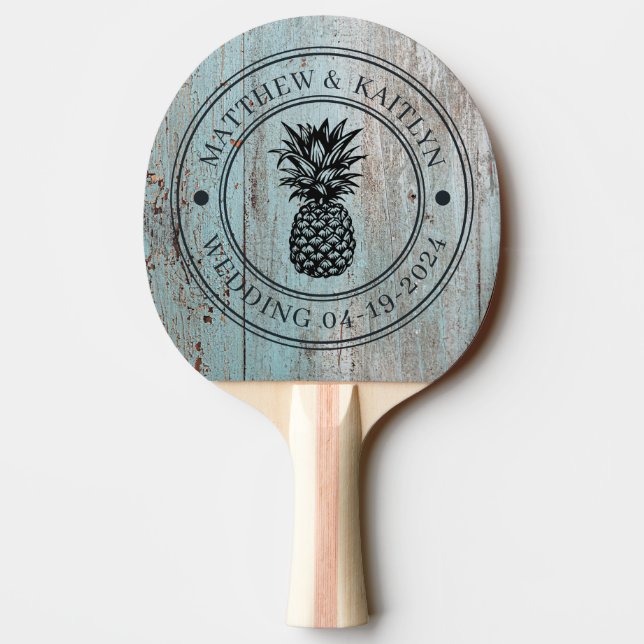 Målad blå träananas brölloppsvapen & namn pingisracket (Baksidan)