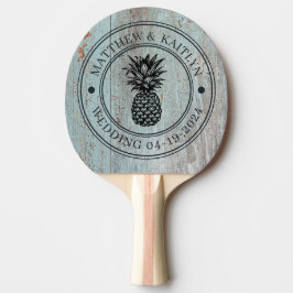 Målad blå träananas brölloppsvapen & namn pingisracket