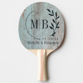 Målad blå trädgårdsbladsvigselmonogram pingisracket