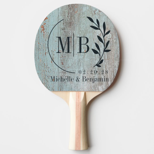 Målad blå trädgårdsbladsvigselmonogram pingisracket (Framsidan)