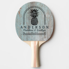 Målad blå trädgårdspineapple bröllopsbåge & namn pingisracket