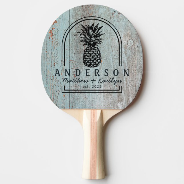 Målad blå trädgårdspineapple bröllopsbåge & namn pingisracket (Framsidan)