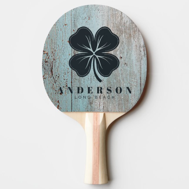 Målad blå träfyraklöver med namn pingisracket (Baksidan)