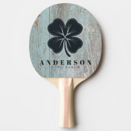 Målad blå träfyraklöver med namn pingisracket