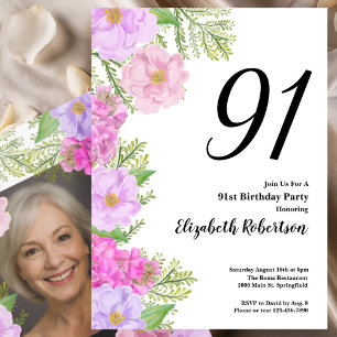 Målad blomma Anpassad fotomall 91-årsdag Inbjudningar