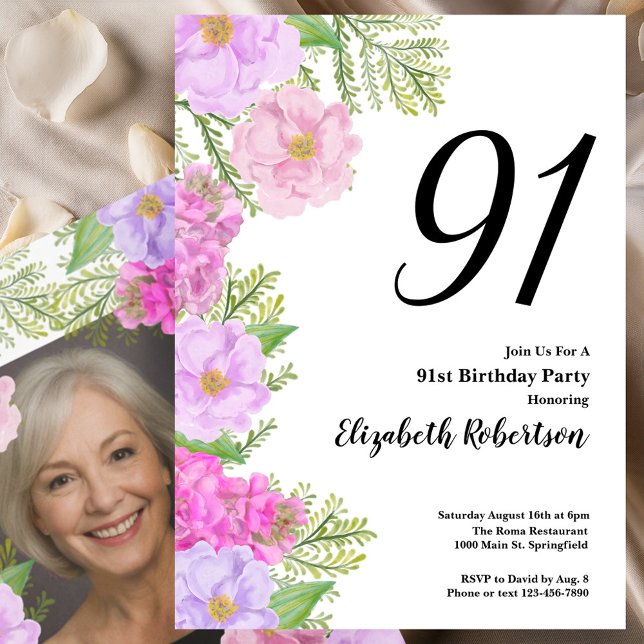 Målad blomma Anpassad fotomall 91-årsdag Inbjudningar (Skapare uppladdad)