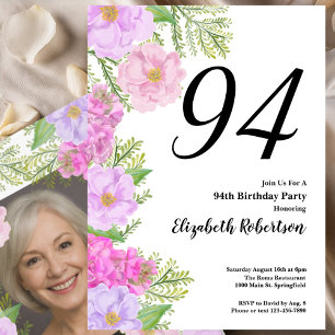 Målad blomma Anpassad fotomall 94-årsdag Inbjudningar