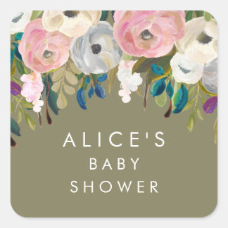 Målad Blommigt Garden Baby Shower Stickers Fyrkantigt Klistermärke