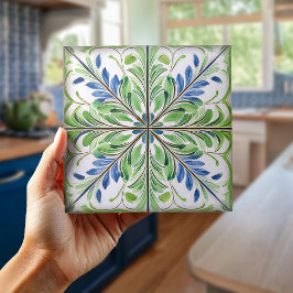 Målad Blommigt Tile Pat#14 Blue Grönt ID1078 Kakelplatta