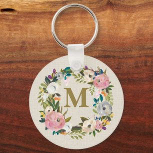 Målad blomsterpersonlig monogramdukväska nyckelring