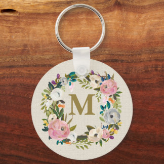 Målad blomsterpersonlig monogramdukväska nyckelring