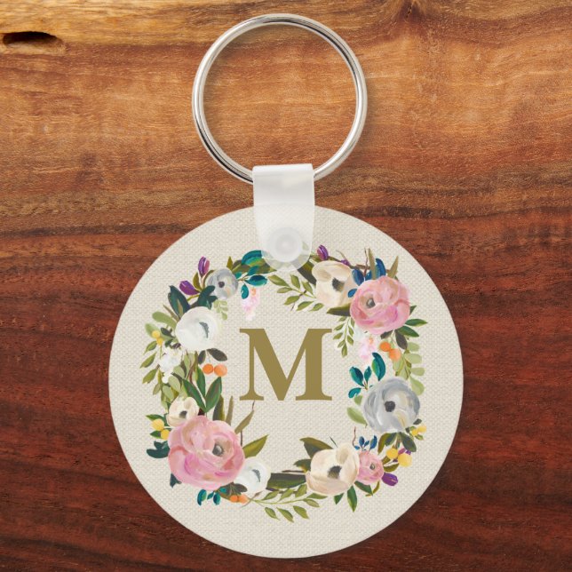 Målad blomsterpersonlig monogramdukväska nyckelring (Framsida)