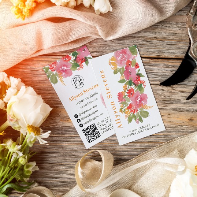 Målad boho blomster vattenfärg blomsterbutik logot visitkort (Painted boho floral watercolor florist logo qr business card)