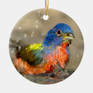 Målad Bunting - härlig fågelprydnad Julgransprydnad Keramik