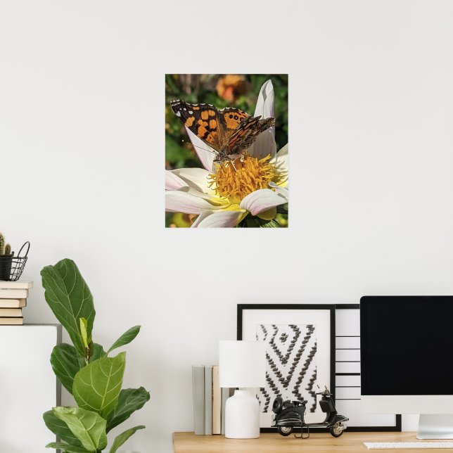 Målad damfjäril på vit dahlia poster (Hemmakontoret)