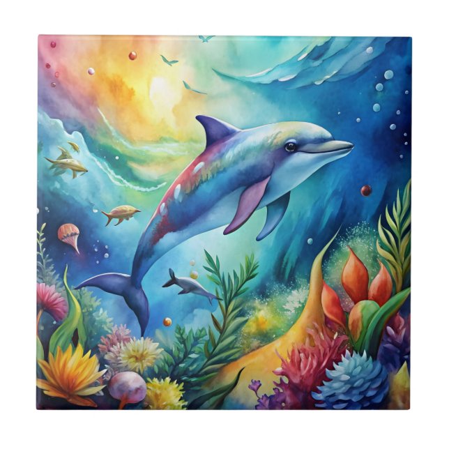 Målad delfin kakelplatta (Framsidan)