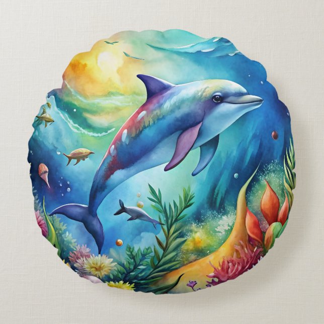 Målad delfin rund kudde (Framsidan)
