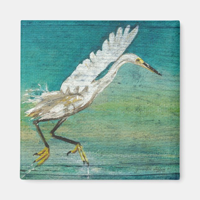 Målad Egret Shorebird Beach House Art Magnet (Framsidan)
