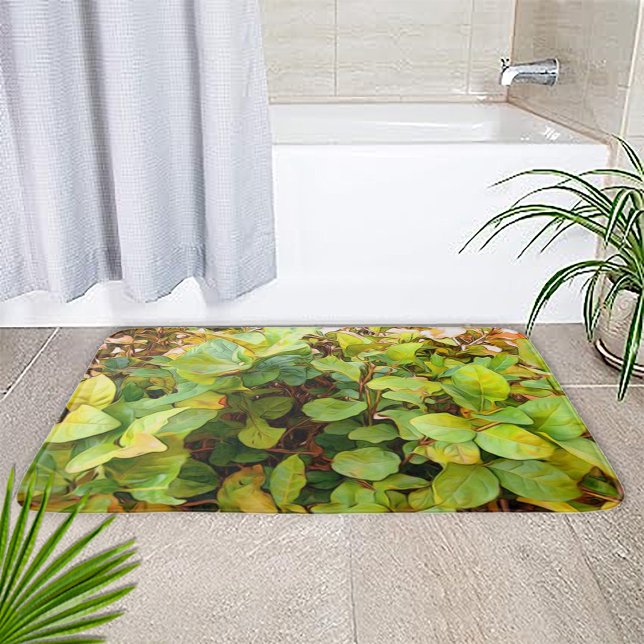 Målad frodig grön gul växt badrumsmatta (Painted Autumn Garden Leaves Bath Mat by Looly Elzayat
)