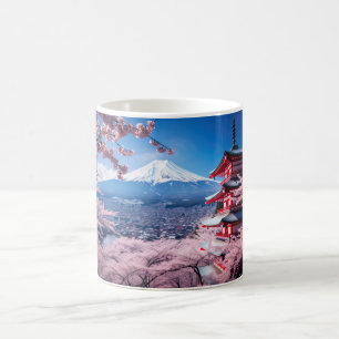 Målad Fuji berg i körsbärsblomssäsong Kaffemugg