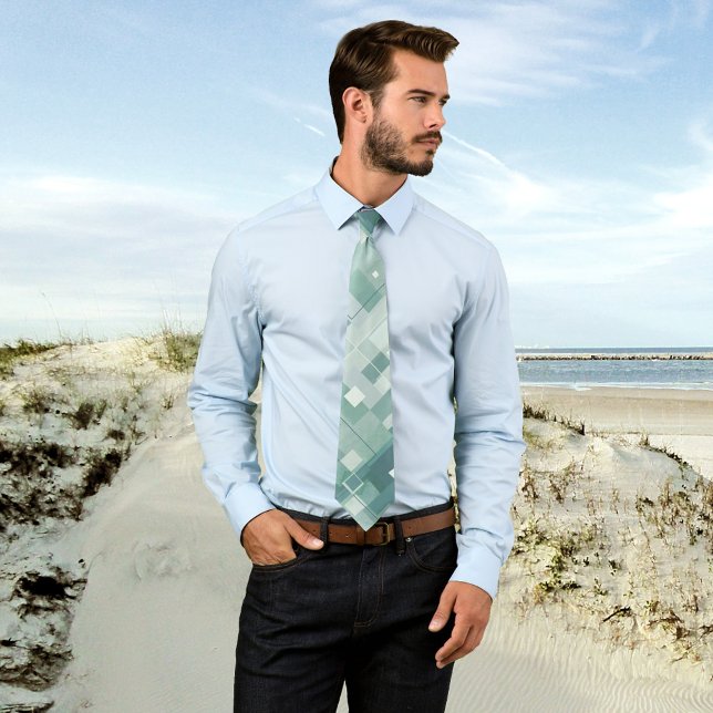 Målad geometrisk Blek och Sage Grönt Mönster Tie Slips (A modern tie featuring a painted abstract geometric design in pale and sage green)
