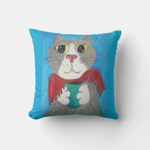 Målad Grått Cat med Coffee Folk Art Roligt Kudde
