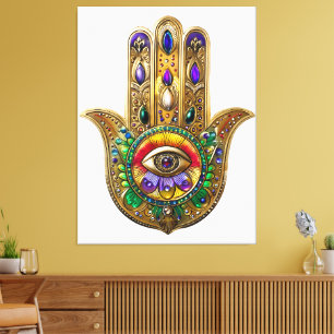 Målad Guld Hamsa Amethyst Rubin Tredje Öga Canvastryck