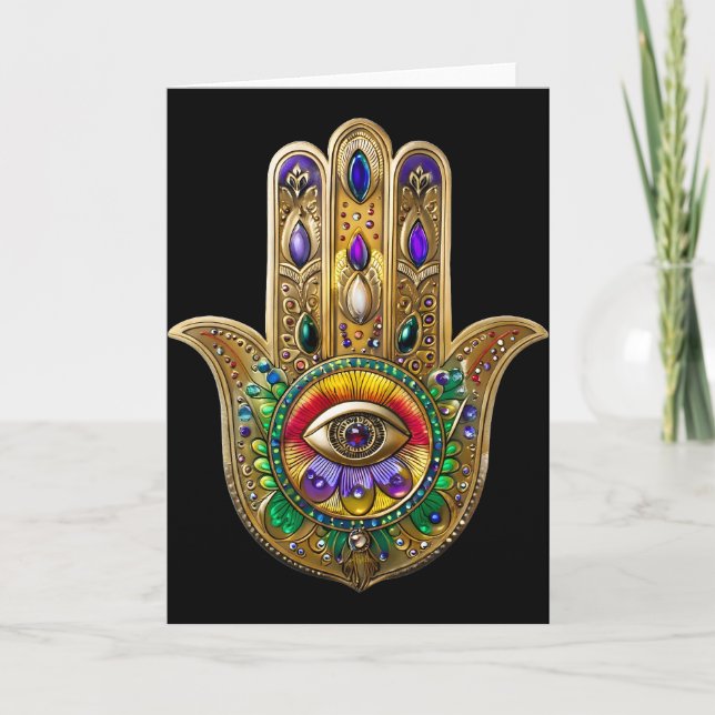 Målad Guld Hamsa Amethyst Rubin Tredje Öga Kort (Framsida)