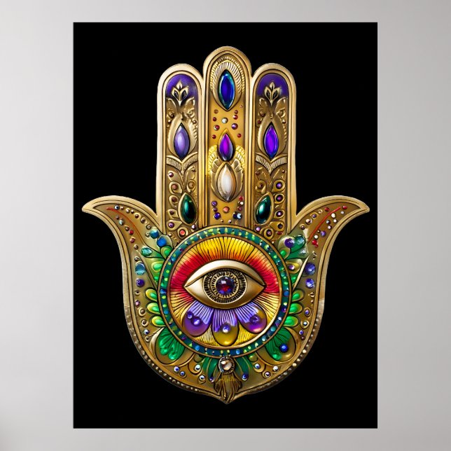 Målad Guld Hamsa Amethyst Rubin Tredje Ögat Poster (Framsidan)