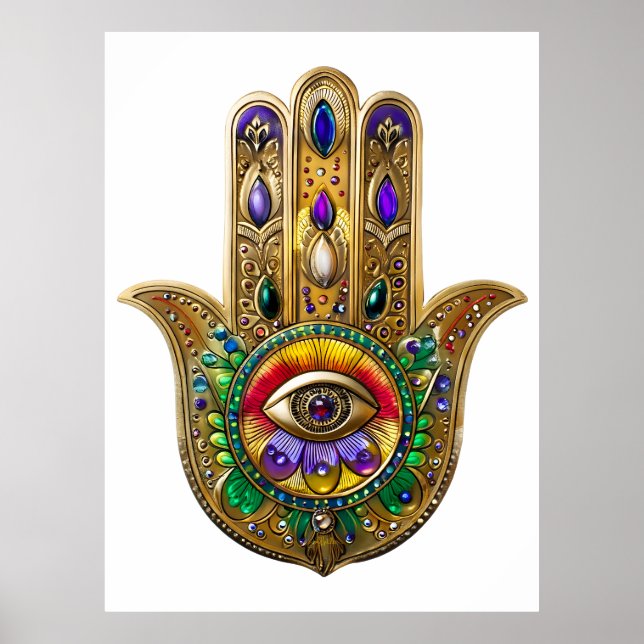 Målad Guld Hamsa Amethyst Rubin Tredje Ögat Poster (Framsidan)