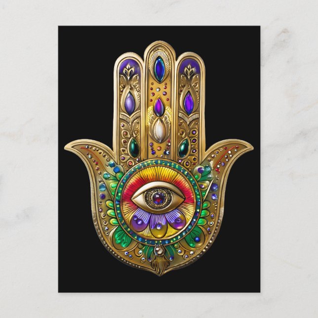 Målad Guld Hamsa Amethyst Rubin Tredje Ögat Vykort (Framsida)