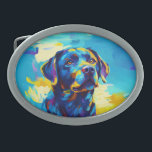 Målad Labrador Retreiver<br><div class="desc">En vacker och charmerande bild av en Labrador Retriever med ett tänkvärt och uppmärksamt uttryck på hans ansikte. De vackra blues och gult golds ger bakgrunden ett utvändigt utseende.</div>