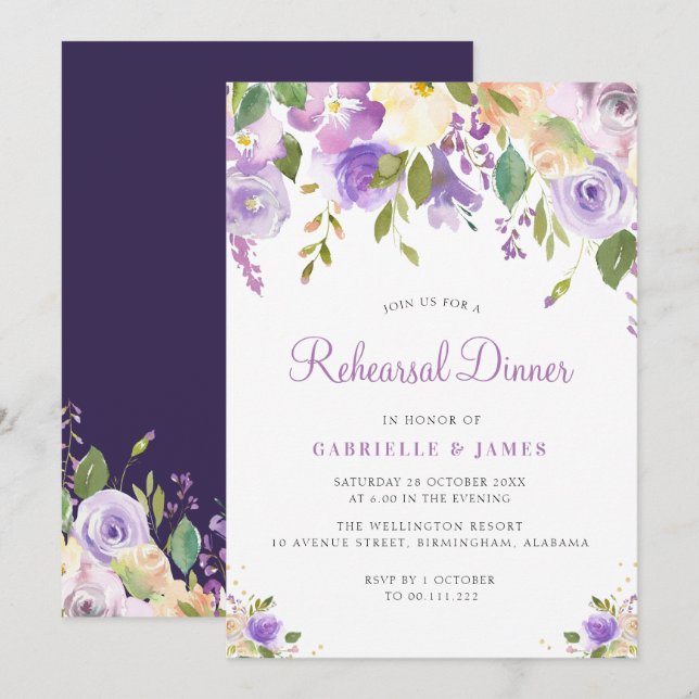 Målad lila och persikofärgad blommigt Rehearsal mi Inbjudningar (Fram/baksida)