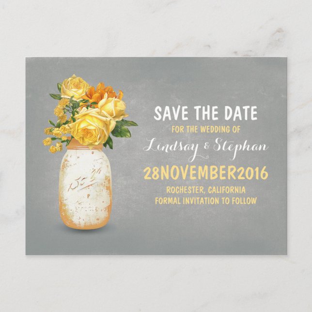 Målad mynning burk & gula blommor sparar datumet meddelande vykort (Framsida)
