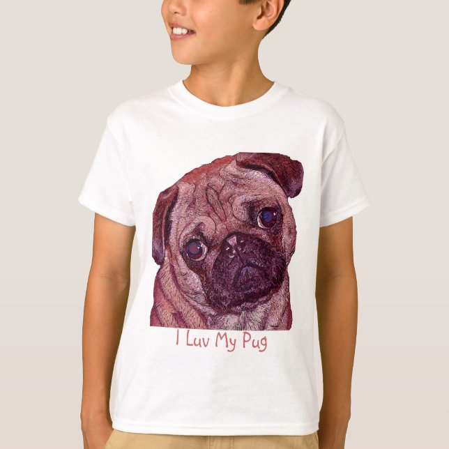 Målad porträttflicka för mops valp t-skjorta t shirt (Framsida)