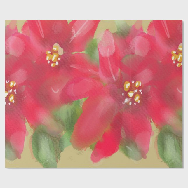 Målad röd och grön Poinsettia juldesign Presentpapper (Platt)