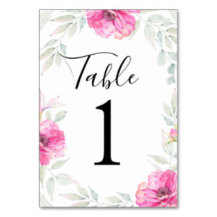 Målade akvarellblad och rosa blommor bordsnummer